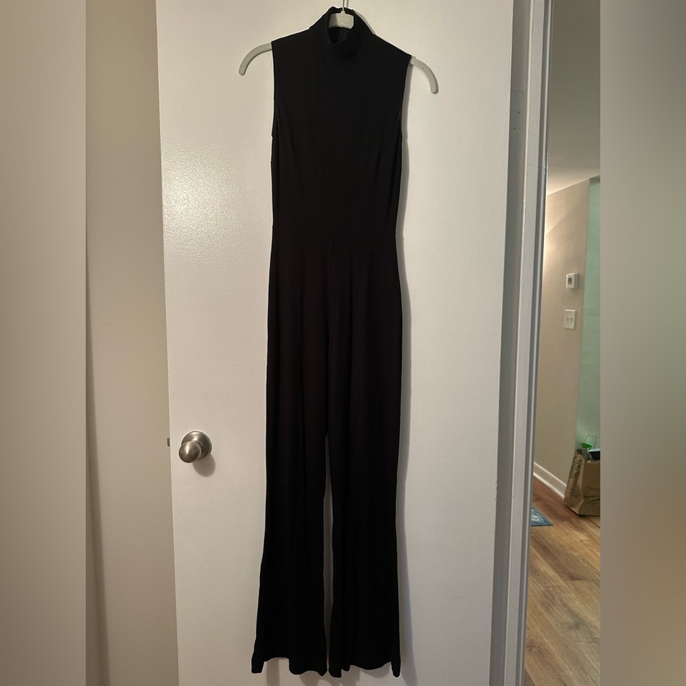 Reformation Ribbed Mock Neck Flare Jumpsuit in Black, Size XS